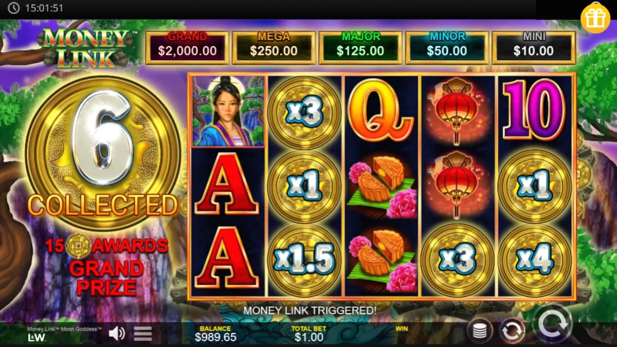Interface do jogo de slot Money Link Moon Goddess com tema asiático
