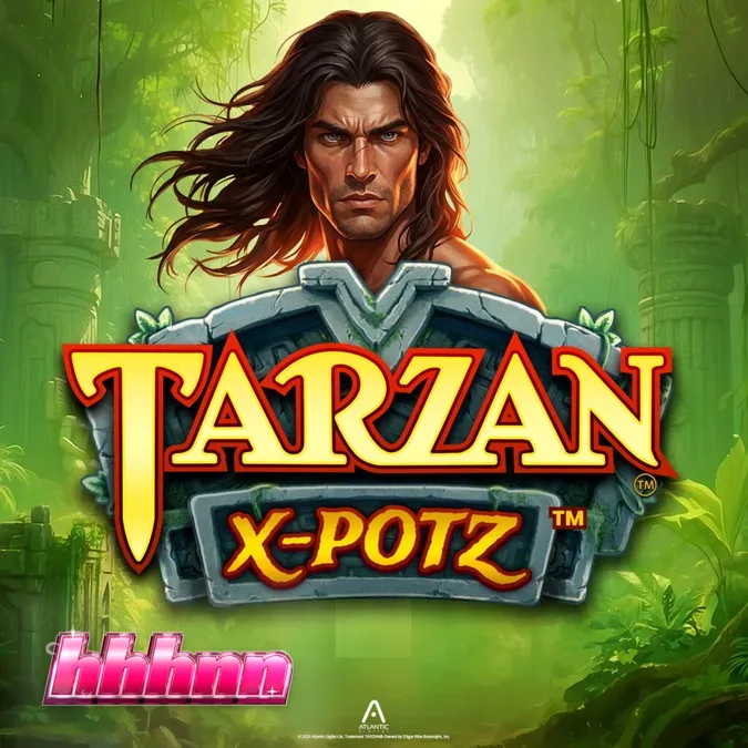 Cena de jogo do slot Tarzan X-Potz mostrando a grade de 6x4 e os totens multiplicadores